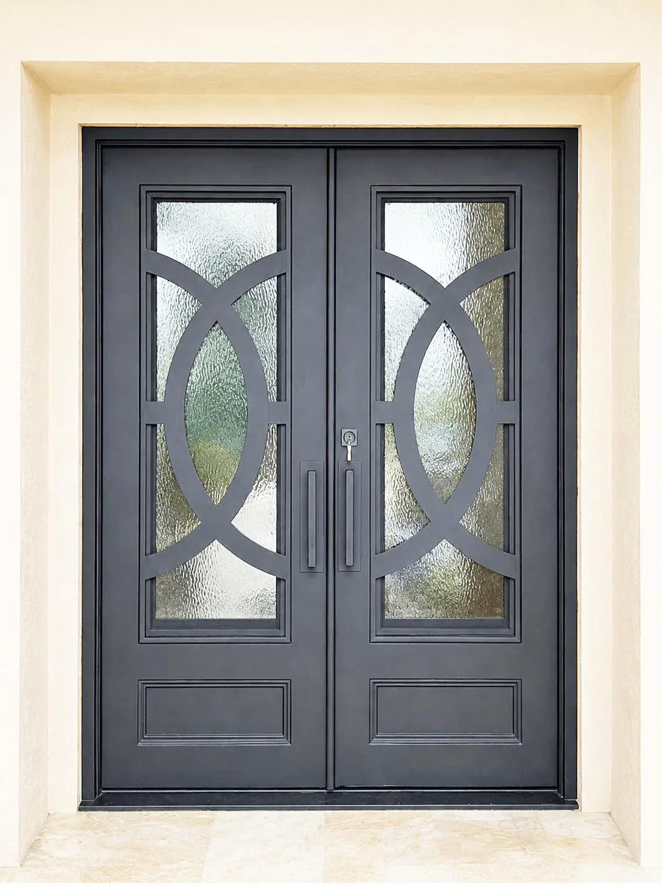 F2049 double iron entry door with frosted glass