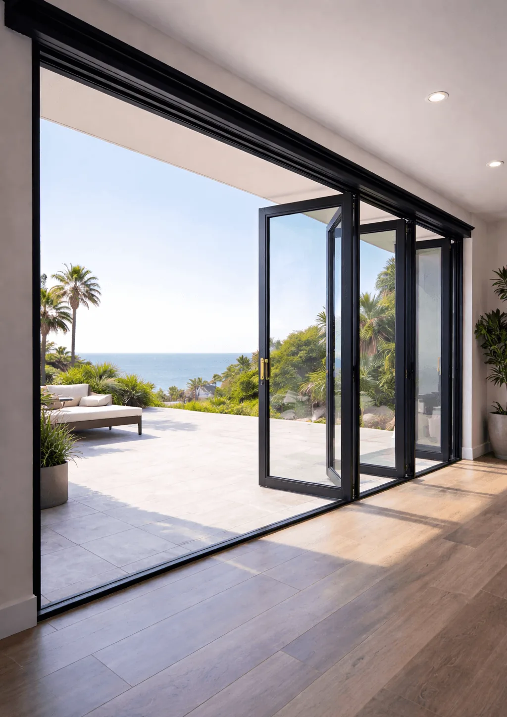 PA7091 aluminum bi-fold door opening onto an ocean-view terrace