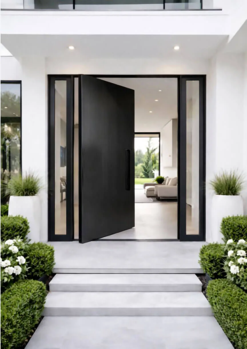 PA7147 oversized aluminum pivot door with full-height glass sidelights