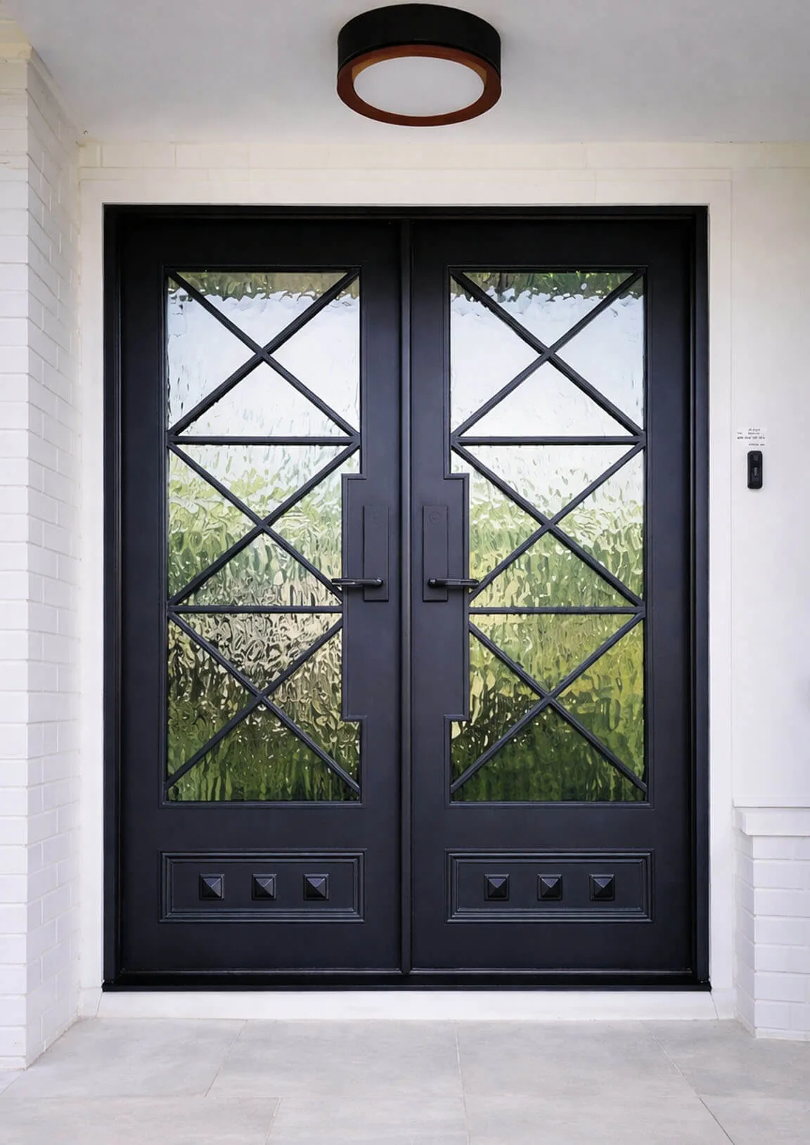 PS2088 modern iron double entry door with X-brace ironwork over textured glass