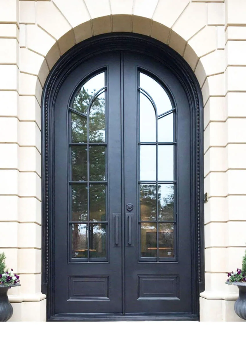 PS2240 transitional round-top iron double entry door with divided lights