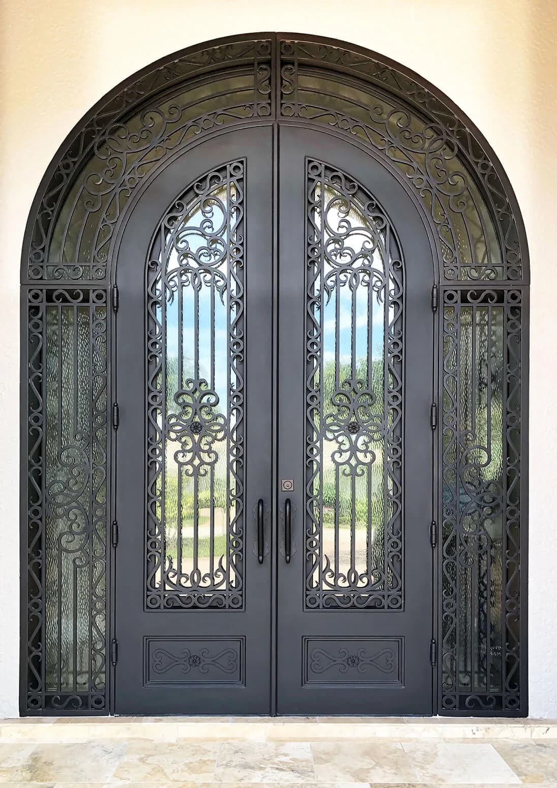 PS7007 custom round-top iron double entry door with scrollwork sidelights and an arched transom