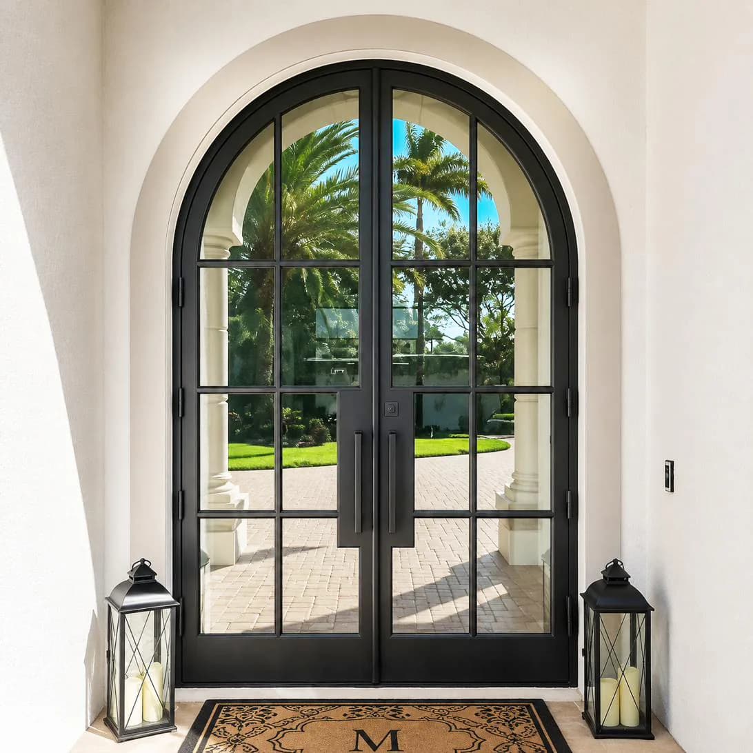 S2068 round-top steel double entry door with divided-light glass