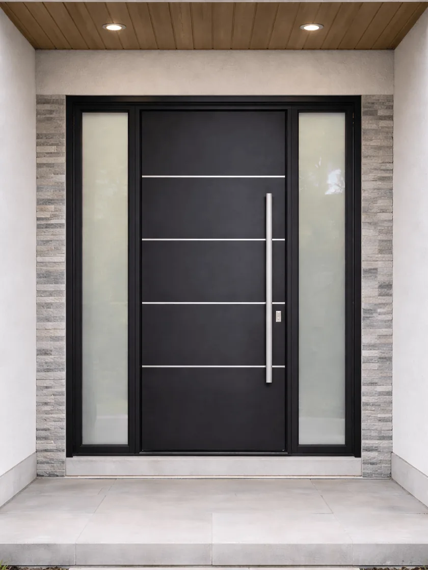Modern flush aluminum entry door with frosted sidelights