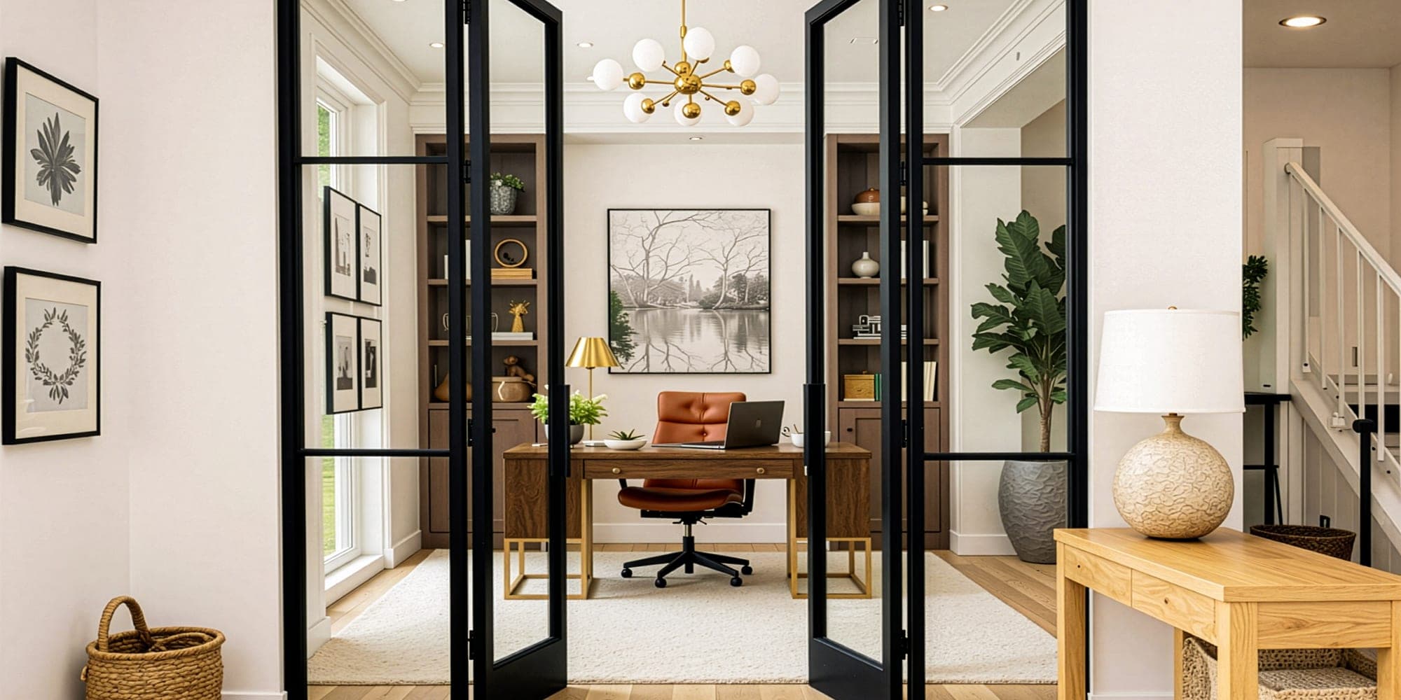 Steel and glass french doors opening to a home office