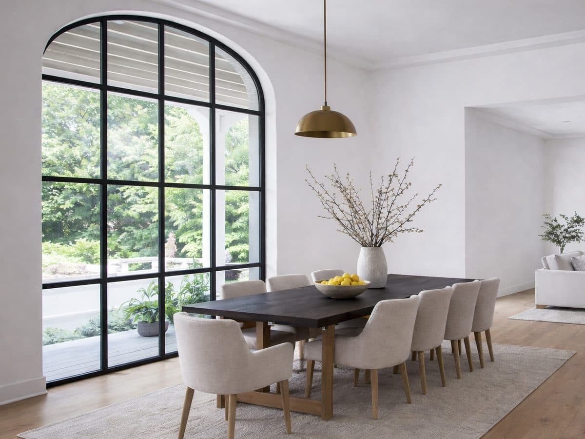 A tall arched steel window with divided lites lighting a dining room.
